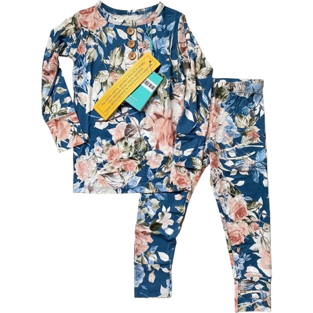 Posh Peanut Pajamas Kids 7 Long Sleeve Henley Loungewear Blue Rose Bamboo NEW